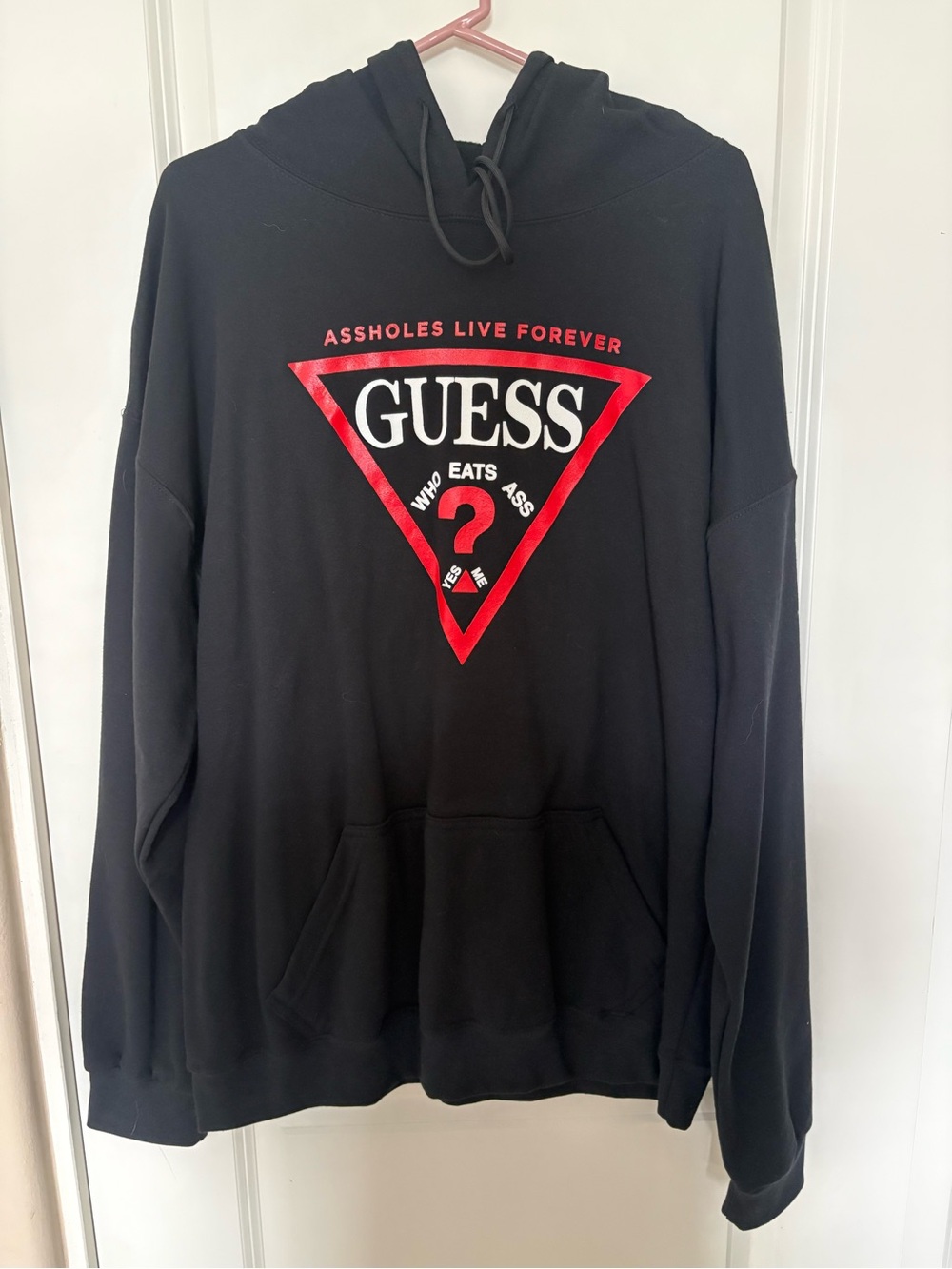 Assholes Live Forever parody GUESS Black Hoodie with Red & White Logo Triangle